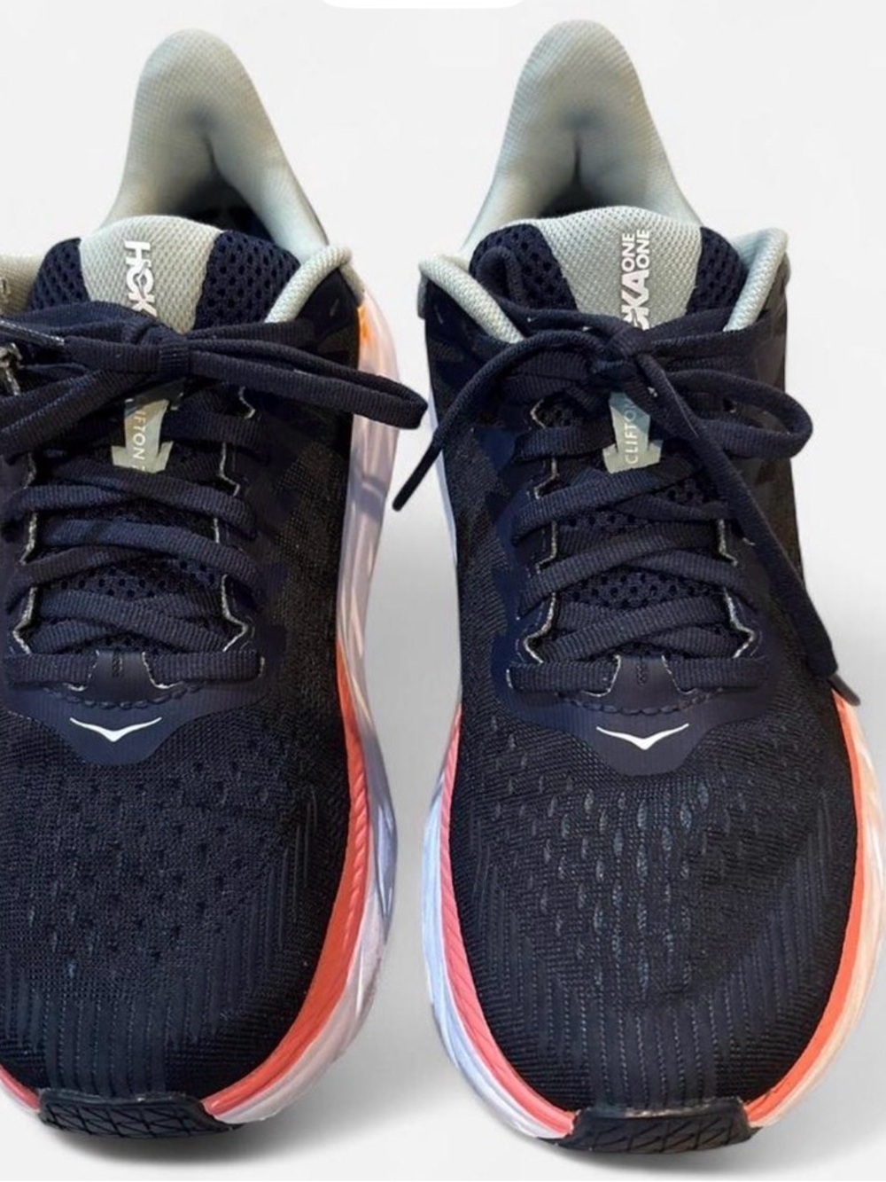 Hoka Women Clifton Running Shoes - Dark Blue with Coral Accent. Size: 7